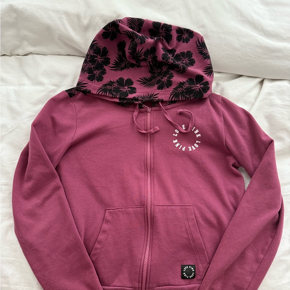 PINK Victoria’s Secret Purple Zip up Jacket with Black Floral Hood